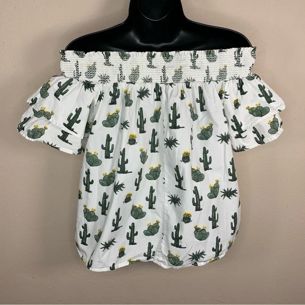 Cactus Print Ruffle Short Sleeve Off Shoulder Top Medium Blue Rain Western